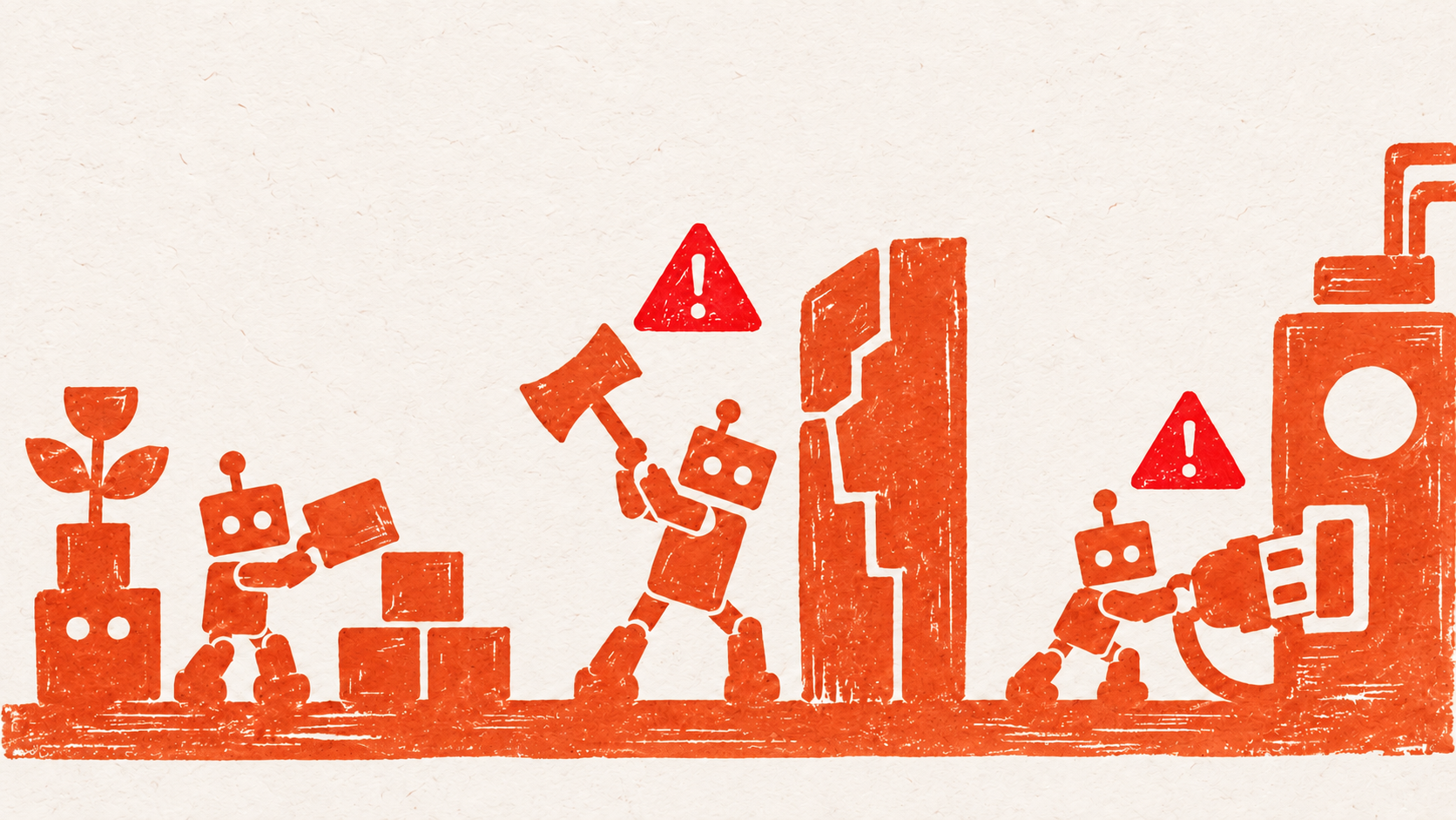Three robots with red alerts