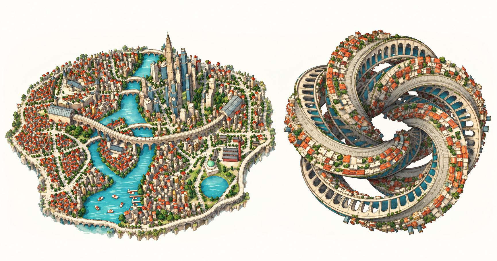 A city with connected neighborhoods beside a knot woven from the same buildings and streets.