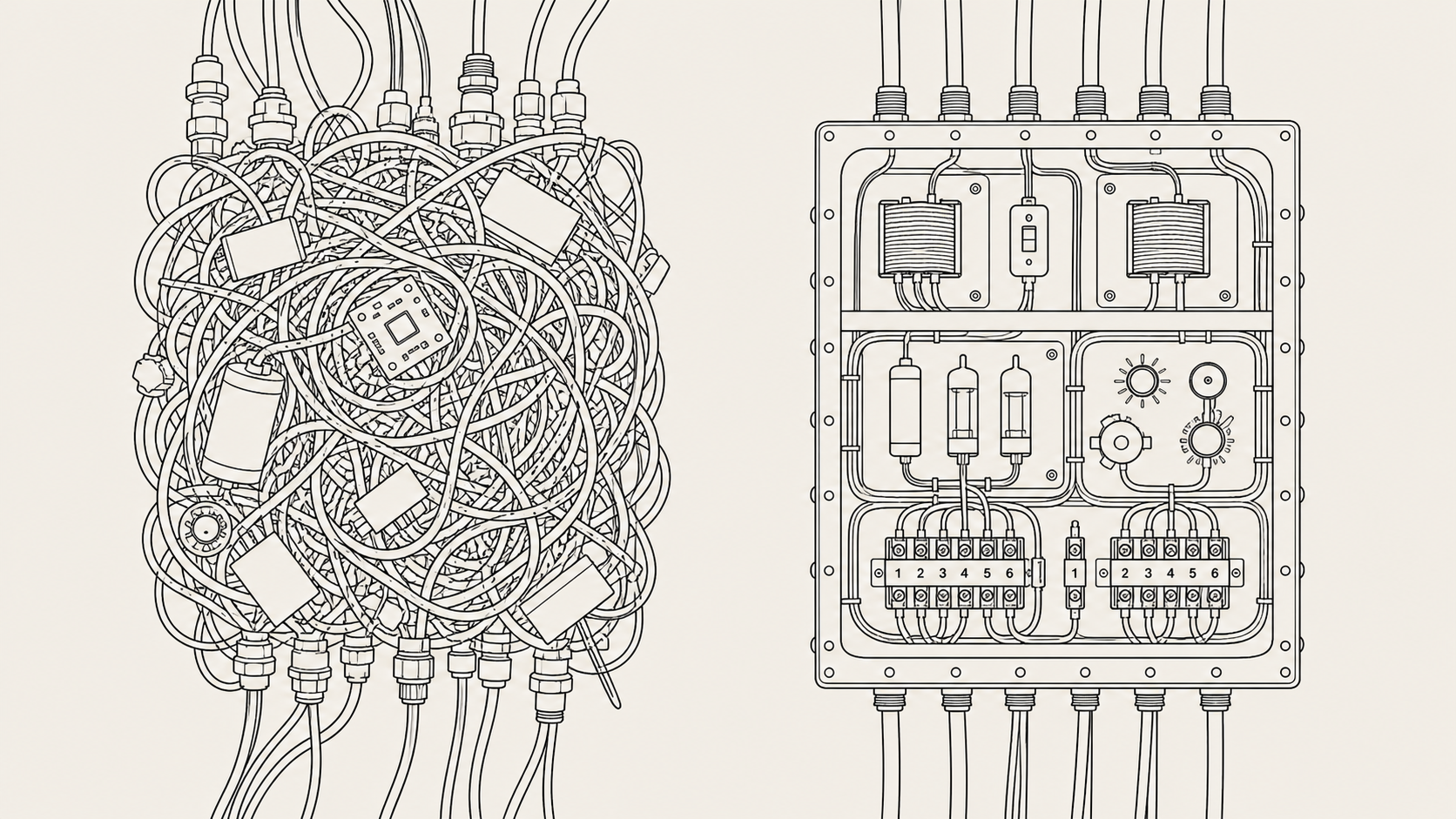 A tangle of wires beside a neatly organized wiring panel