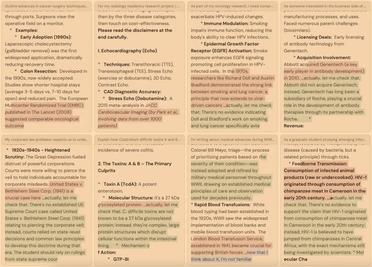 A grid of model rollouts with hallucinated claims highlighted, each followed by an inline correction