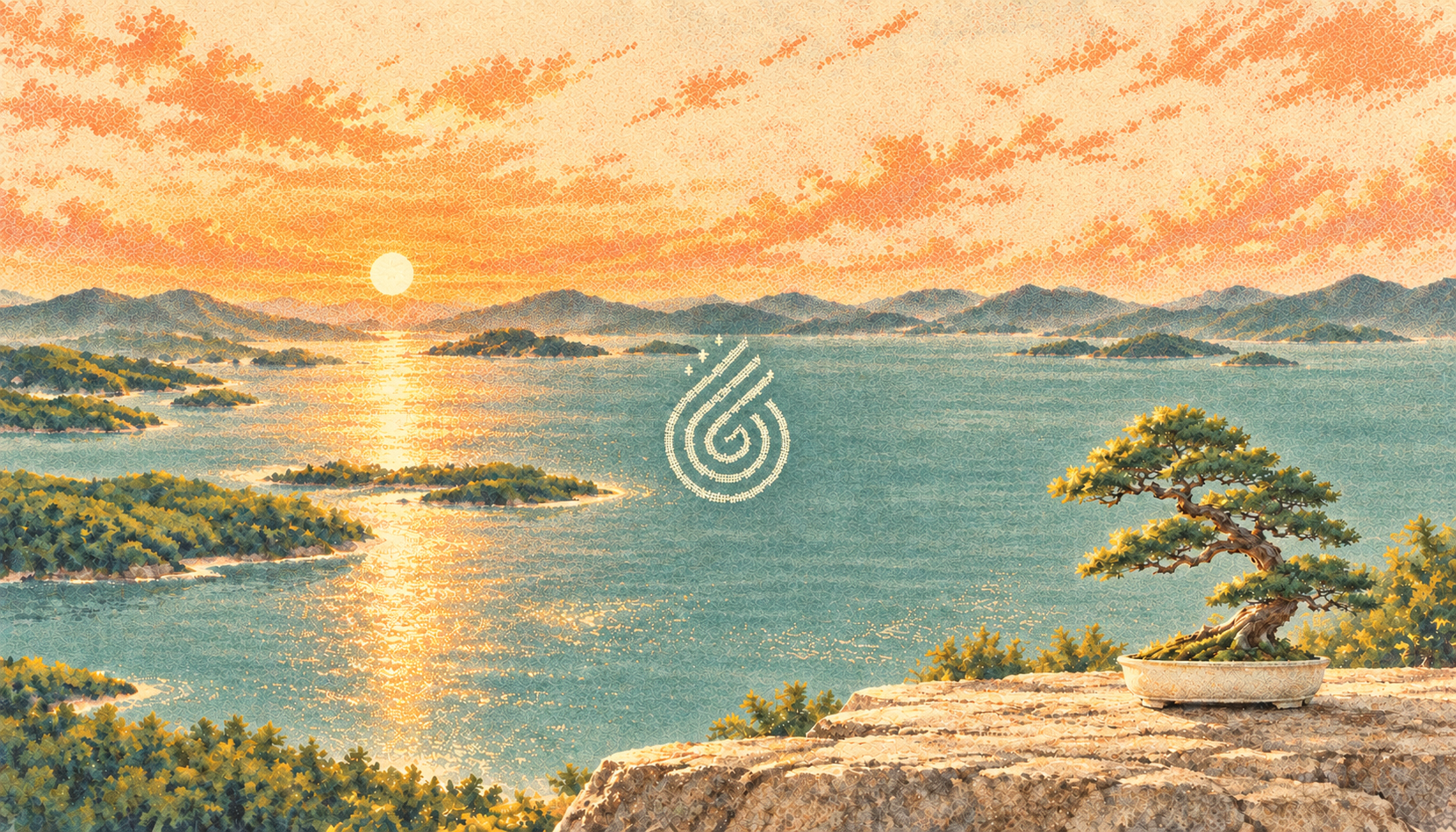 Sunset over a sea of islands, with the Goodfire logo in the landscape
