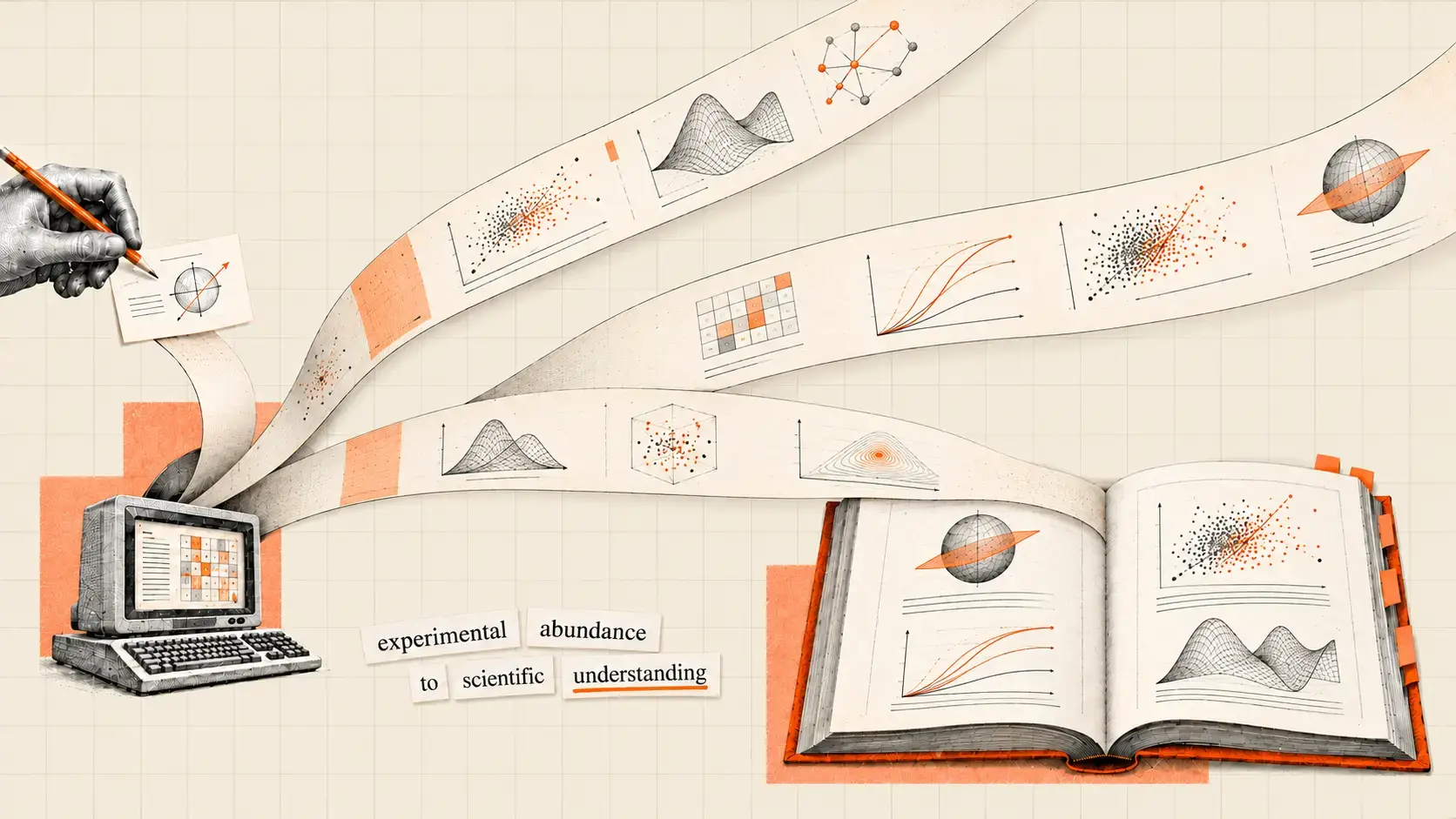 Ribbons of charts and plots flow from a vintage computer into an open encyclopedia, beside the words "experimental abundance to scientific understanding."