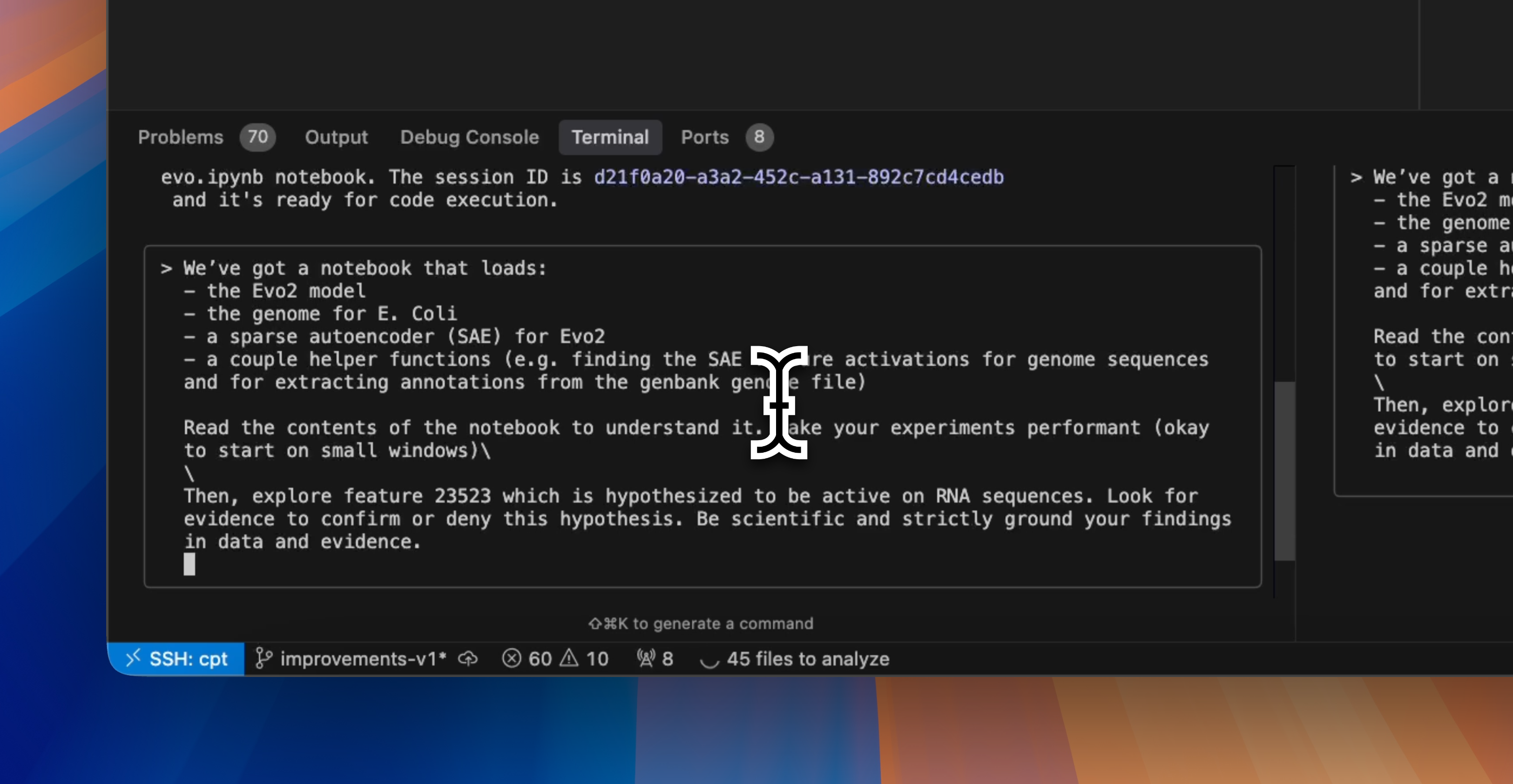 An experimenter agent working in a terminal on a notebook that loads the Evo 2 model and a sparse autoencoder