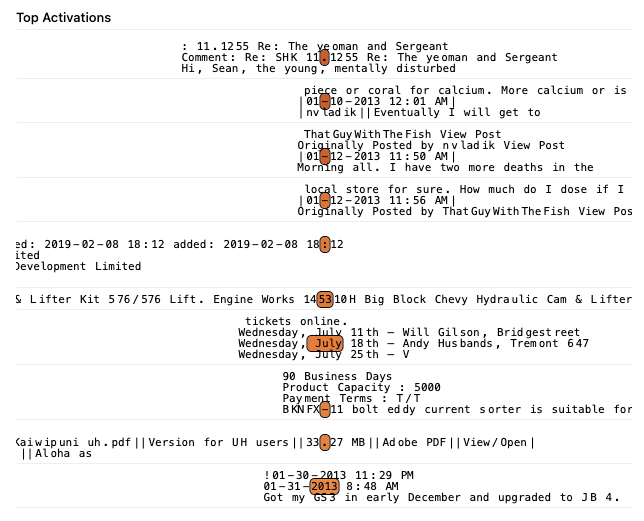 Top activations for Feature 349410: the feature fires on tokens before values under 30 in timestamps, dates, forum posts and technical specifications