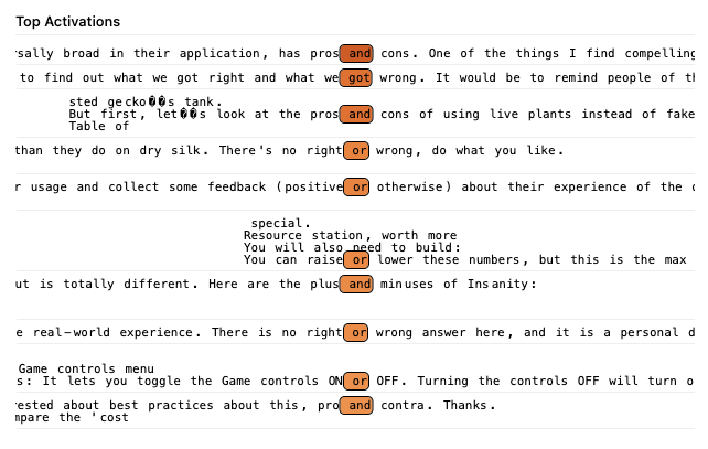 Top activations for Feature 399423: the feature fires on the word before the second element of contrastive pairs