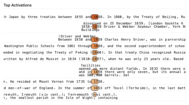 Top activations for Feature 425104: the feature fires on the later year in sequences of dates, including a date written in Roman numerals